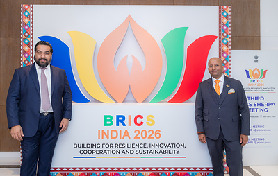 Unifying sovereign capital across the Global South: Lakshmi Narayanan, Chairman of SWFI and Lead Co-Chair of iBRICS 2026 (right), along with Dushyant Khanna, Co-Chair of iBRICS (left) in New Delhi ahead of the founding iBRICS Summit.