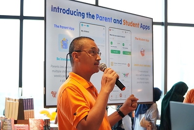 Andre Sequerah (Co-founder & CTO) speaking at the Tupai 2.0 launch, The Sunway Library by BookXcess, Sunway Square, 19 September 2026