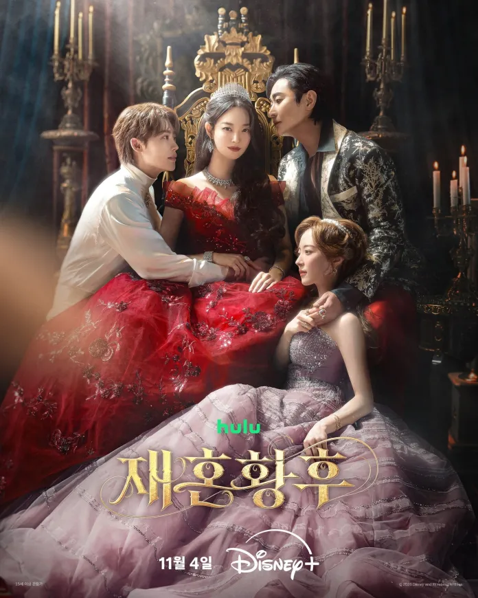 A promotional image for Remarried Empress featuring four characters in elegant attire, seated on a throne. The central character wears a striking red gown with a tiara, while the other three characters show varied expressions. Candles illuminate the background, enhancing the royal ambiance.