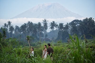 Morning walk with Mount Agung background at The Kayon Gangga Resort. Morning walk with Mount Agung background at The Kayon Gangga Resort.