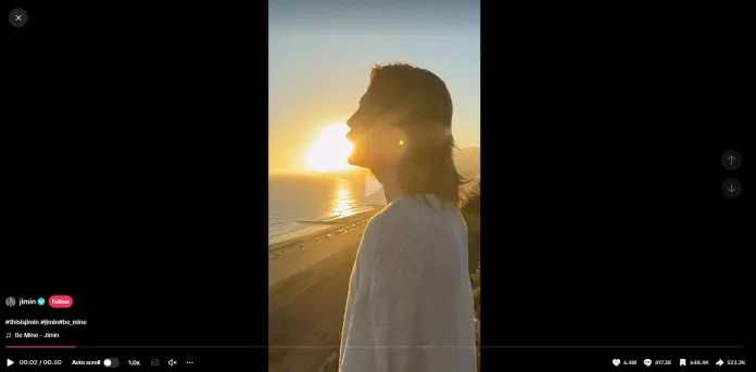 Jimin standing by the shore at sunset, with the sun glowing behind them and illuminating the scene.