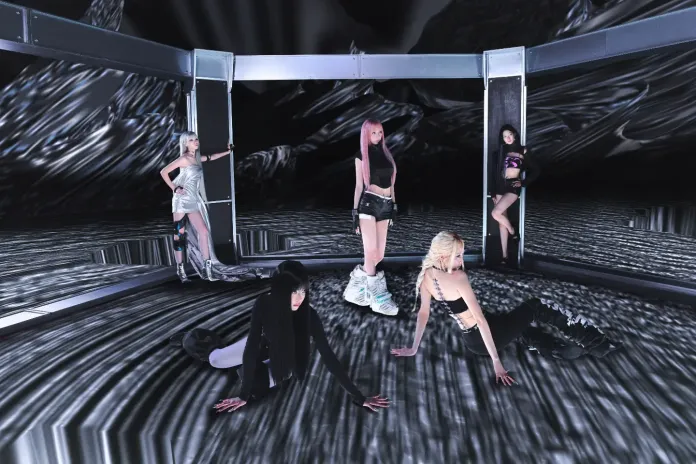LE SSERAFIM members in a futuristic setting with abstract digital backgrounds, showcasing a blend of fashion and style. Two women are standing while three are positioned on the ground, expressing a dynamic and artistic vibe.