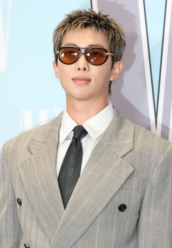 RM wearing stylish sunglasses and a grey striped suit, paired with a black tie, posing confidently against a light blue background.