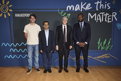 Caption: (L to R) Martin Blomberg, Founder and CEO, Root Bio, Prof. Ganesh Ramakrishnan, Founding Director, Bharatgen, Bill Gates, Chair, Gates Foundation, and Hon. Dr. Bosun Tijani, Minister of Communications, Innovation and Digital Economy of the Federal Republic of Nigeria at Goalkeepers New York. Photo courtesy of the Gates Foundation. 
