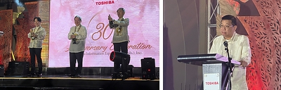 Left: Toshiba Group representatives celebrate the 30th anniversary. Right: Ceferino S. Rodolfo, DTI Undersecretary for Industry Development and Investment Promotions Group and BOI Vice-Chairman and Managing Head, giving congratulatory remarks.