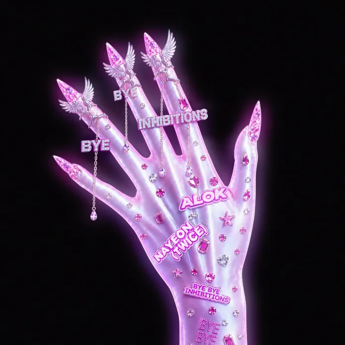 A stylized hand adorned with ornate nail art, featuring pink and silver elements, decorative charms, and text including 'BYE INHIBITIONS,' 'ALOK,' and 'NAYEON (TWICE)' against a black background.