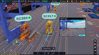 Detailed Virtual Terminal view of STS work lanes and nearby straddle carriers, with a driver-perspective inset.