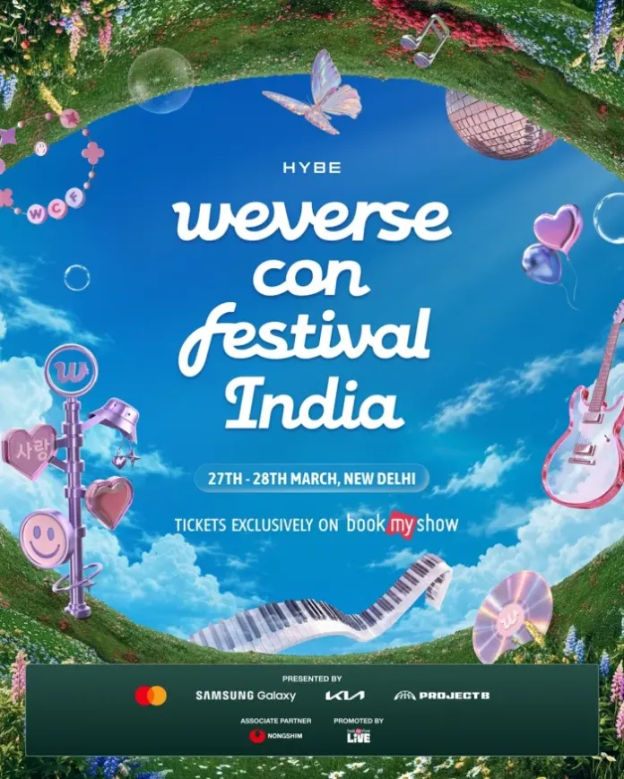 Promotional poster for Weverse Con Festival India, featuring vibrant graphics with musical instruments, butterflies, and flowers, detailing the event dates and ticket information.