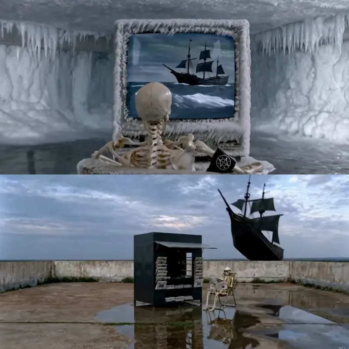 A skeleton sitting in front of a frozen television screen displaying a sailing ship amid icy surroundings.