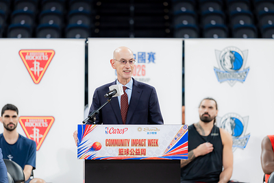 NBA Commissioner Adam Silver delivers remarks at the Tip-Off Day of the “NBA Cares x Sands Cares Community Impact Week 2026” at The Venetian Arena on Thursday.