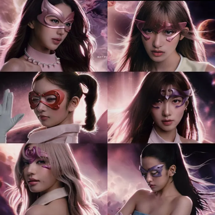 A collage of six portraits featuring IVE members wearing colorful masks in a cosmic-themed background. Each image showcases a different character with unique facial expressions and hairstyles, highlighting their superhero-like appearance.