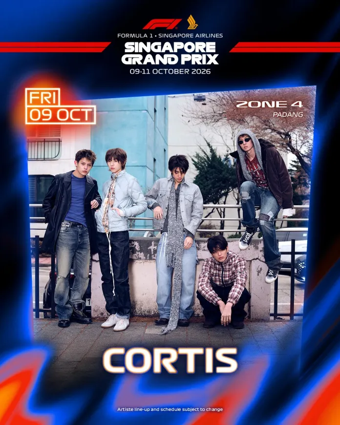 Promotional image for the Formula 1 Singapore Grand Prix featuring Cortis members posing together in casual outfits against a city backdrop.