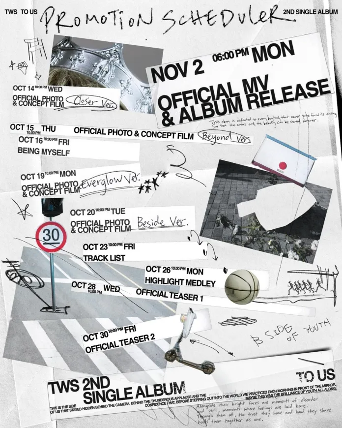 Promotional schedule for TWS 2nd single album, featuring dates and details for various events including official releases and teasers. Highlights include an album release on November 2, a track list reveal, and multiple concept films.
