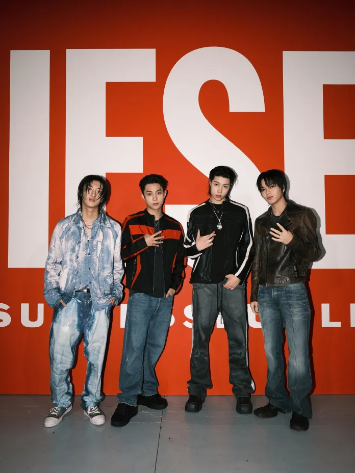 LNGSHOT members posing in front of a bold red background with the word 'DIESEL' prominently displayed. They are dressed in casual, trendy outfits.