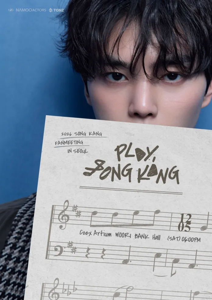 Song Kang with tousled hair holding a sheet of music. The sheet includes details about a fan meeting for Song Kang in Seoul, scheduled for December 5, 2024, at Coex Artium Woori Bank Hall at 6:00 PM.