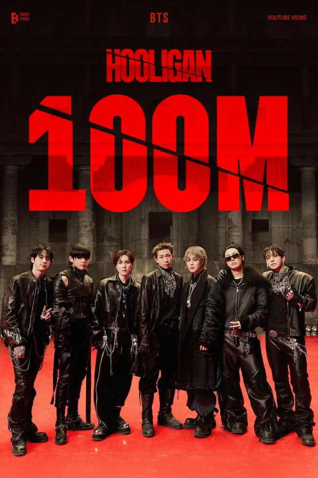BTS standing together, dressed in black outfits with edgy accessories, set against a red floor and a backdrop of ancient columns, with large text displaying 'HOOLIGAN' and '100M'.