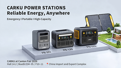 CARKU portable power station solutions PB-102, PB-120, and PB-122 with solar panel at Canton Fair 2026, Hall 14.2 Booth E34-35 / F10-11