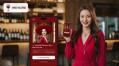 Cecilia LV, founder of Vino Village, with the app's Princess Nora (Pinot Noir) character