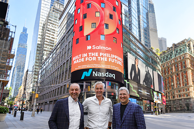 Salmon co-founders (from left to right: George Chesakov, Pavel Fedorov and Raffy Montemayor) in front of Nasdaq's headquarters in Times Square, New York. 