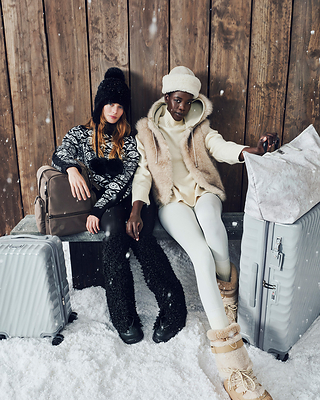19 Degree Expandable Carry-On in Salt, 19 Degree Large Expandable Checked In Salt, Voyageur Celina Backpack in Mink, and Just in Case Tote in Snow Monster Fur 