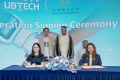 His Highness Sheikh Saud bin Saqr Al Qasimi, UAE Supreme Council Member and Ruler of Ras Al Khaimah, witnesses the signing of a strategic Memorandum of Understanding (MOU) between the International Relations Office of the Government of Ras Al Khaimah and UBTECH Robotics Limited. (Left to right): Ms. Claudia Chen, Overseas Sales Director of UBTECH Robotics (Signatory); Mr. Jimmy Zhang, Chief Financial Officer, UBTECH Robotics; His Highness Sheikh Saud bin Saqr Al Qasimi, UAE Supreme Council Member and Ruler of Ras Al Khaimah; H.E. Mohammad Abdulrahman Alhawi - Undersecretary of UAE Ministry of Investment; Ms. Alma Au Yeung, Greater China Affairs Advisor at the Office of the Ruler of Ras Al Khaimah (Signatory).
