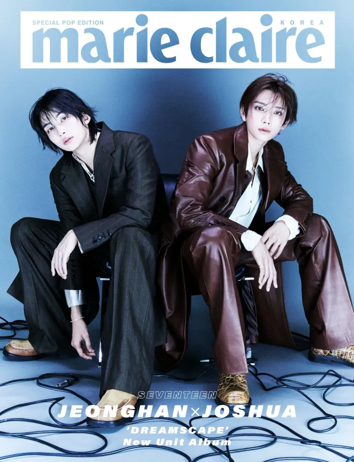 Cover image of Marie Claire Korea featuring Jeonghan and Joshua seated against a blue backdrop, wearing stylish outfits. The text highlights their collaboration on a new album titled 'Dreamscape'.