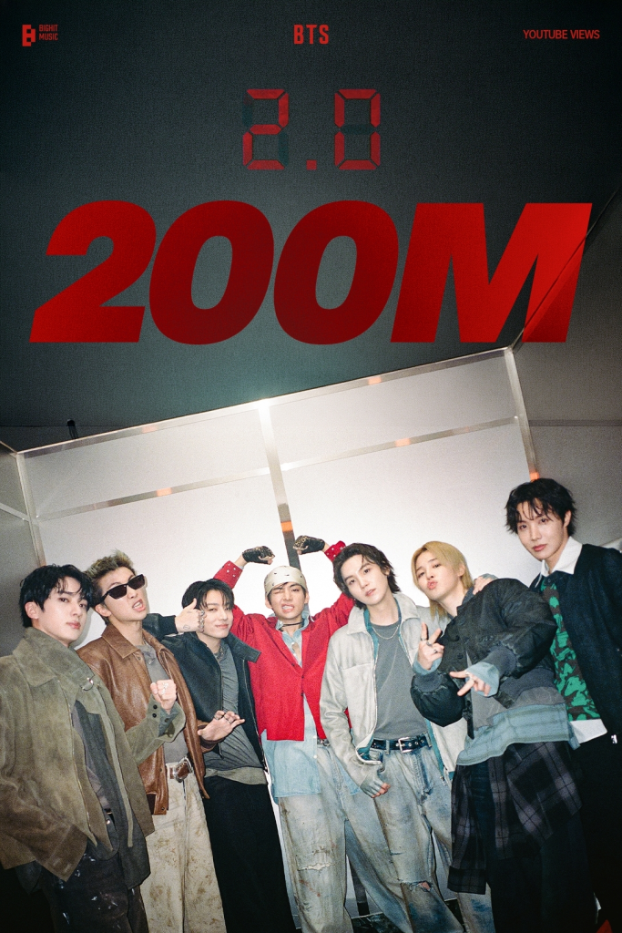 BTS group portrait with members posing together, featuring a bold '200M' text and statistics about YouTube views.