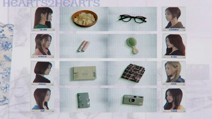 Teaser graphic introducing the eight members of K-pop girl group Hearts2Hearts: Ye-on, Carmen, Stella, A-na, Jiwoo, Juun, Ian and Yuha