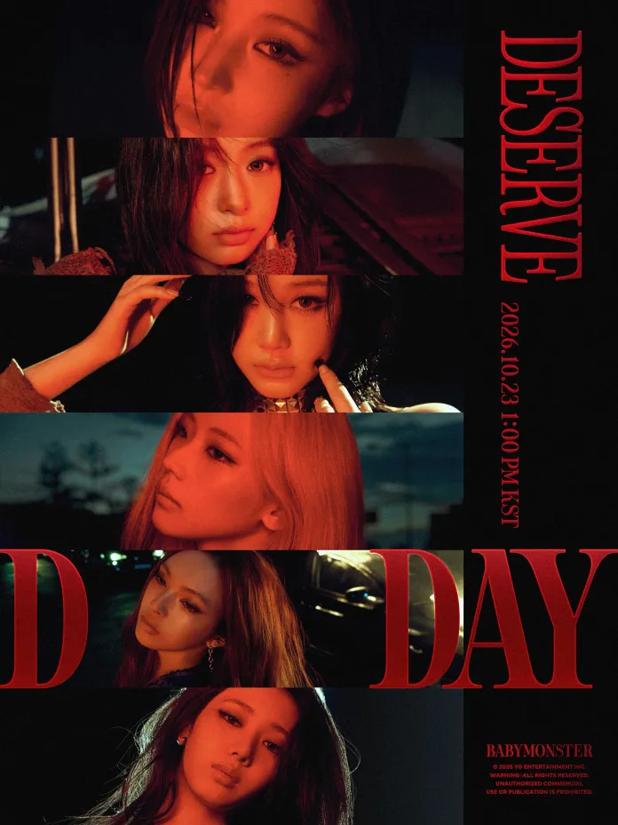 A promotional image for the group BABYMONSTER featuring six portraits of the members, each with dramatic lighting and a moody background. The text displays the words 'DESERVE' and 'D DAY' along with the date '2026.10.23 1:00 PM KST'.