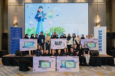 The five finalist teams of Solve for Tomorrow 2026, (from top left) Team iSafePath, Team InnovateZ, Team Replast, Team Primates and (from bottom left) Team EcoTerraNitro, at the Grand Finale with their product prizes.