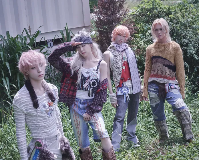 XLOV posing outdoors amidst greenery. They are dressed in eclectic, fashion-forward clothing featuring a mix of textures and patterns. Two males stand on the left, while a female and another male are positioned on the right, showcasing various hairstyles and accessories.