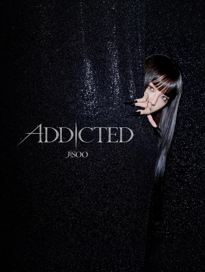 Jisoo peek from behind a sparkling black curtain, with long hair and striking blue eyes, displaying a playful gesture. The word 'ADDICTED' is prominently displayed above, along with the name 'JISOO'.