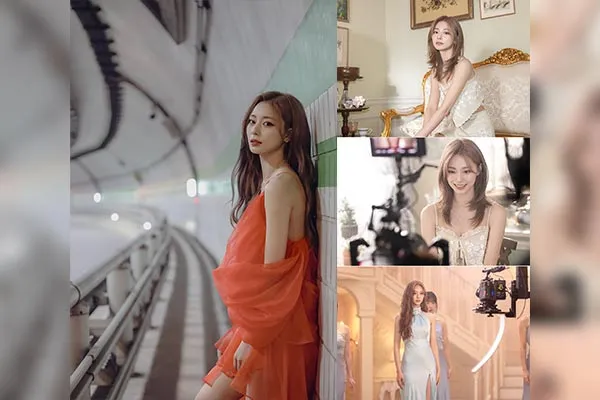 Tzuyu in an elegant red dress poses in a subway tunnel, with three smaller images of her in various outfits including a light blue gown and a sparkling white dress set in different locations.