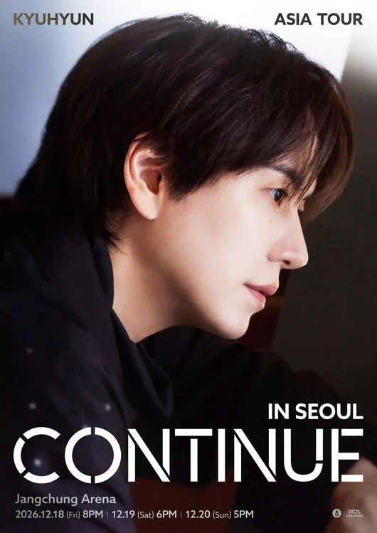 Promotional poster for Kyuhyun's Asia Tour concert in Seoul, featuring a profile image of Kyuhyun with the event details including dates and venue.