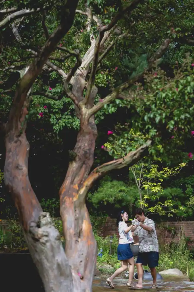 Lee Byung-hun dancing near a stream in a lush garden, surrounded by trees and colorful flowers.