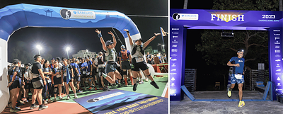 Left: Runners gather at the starting line for Barclays MoonTrekker 2025. Right: Two-time Barclays MoonTrekker champion John Ray Onifa (“Stingray”) crosses the finish line to claim victory at Barclays MoonTrekker 2023. ©Barclays MoonTrekker