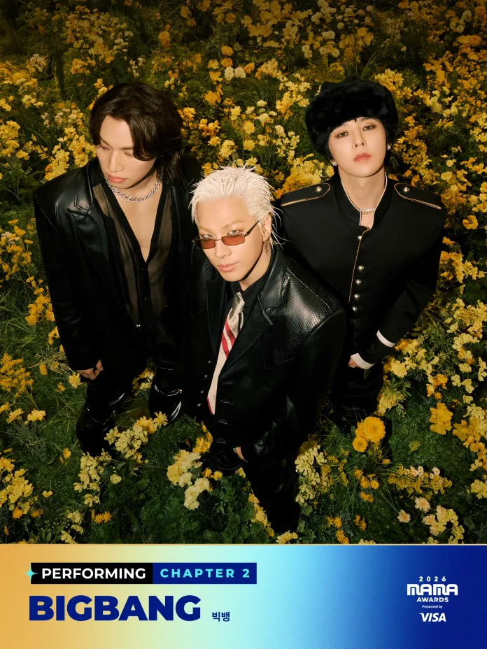 Members of a musical group  BIGBANG stand in a field of yellow flowers, wearing stylish outfits. The setup features a vibrant background and includes the text 'Performing Chapter 2' with 'BIGBANG' highlighted.