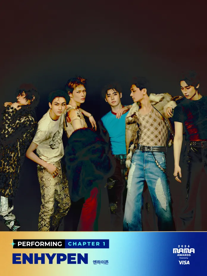 Members of the band ENHYPEN posing together in stylish outfits against a dark background, promoting their performance at the 2026 MAMA Awards.