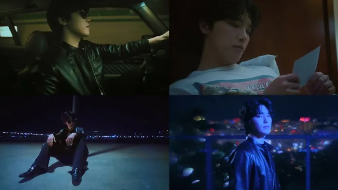 SEVENTEEN’s Dino in various settings: driving a car at night, relaxing while reading a letter, sitting alone in a dark environment, and standing with a cityscape in the background, all while wearing stylish black clothing and sunglasses.