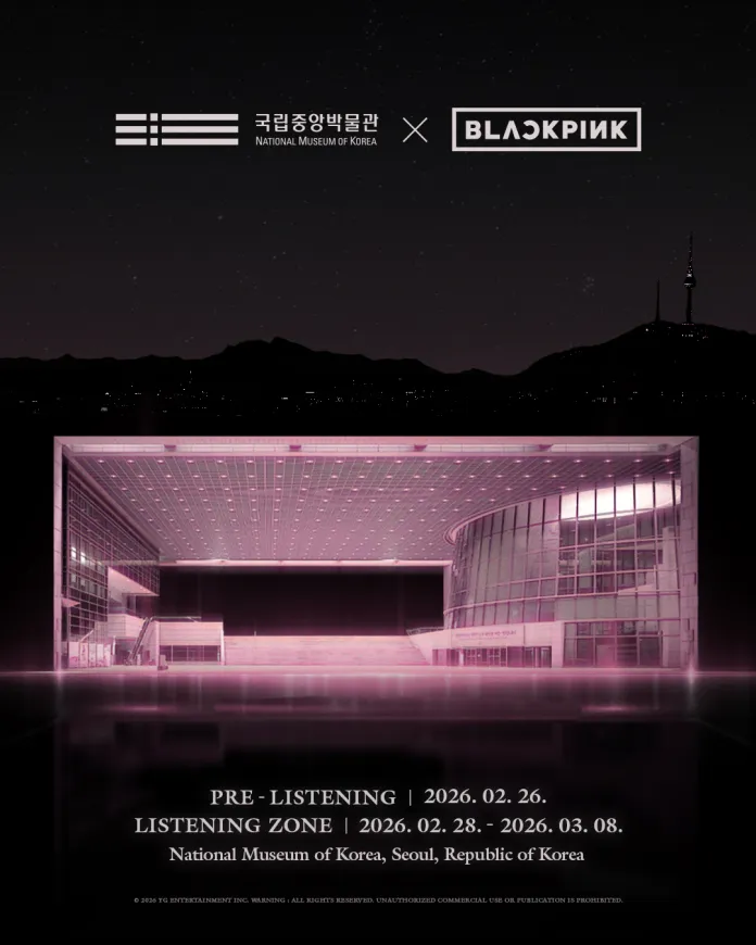Promotional poster for the BLACKPINK event at the National Museum of Korea, featuring dates and event details against a dark background with a modern building structure.
