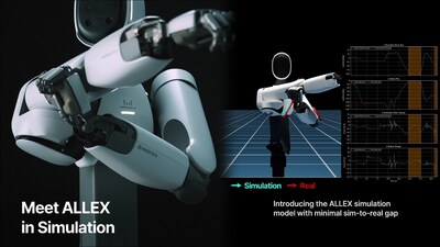 Photo Courtesy of WIRobotics Comparison of the real ALLEX humanoid robot and its simulated motion. The released simulation model accurately reproduces the robot's physical characteristics through high-fidelity Sim-to-Real validation.