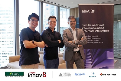 (from left) Alex Neo, Director (Investments), Singtel Innov8; Christian Schneider, CEO, fileAI; Mayoran Rajendra, Managing Director — AI Transformation Department, SMBC