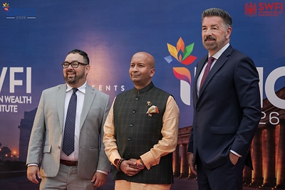 Lakshmi Narayanan Ramanujam, SWFI Chairman, Chip Rogers, Advisor and spokesperson to SWFI, and Michael Maduell, SWFI President and CEO announce G20 Investment Week at iBRICS 2026, The Oberoi, New Delhi. Photo: SWFI.