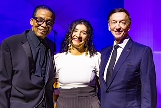 Pictured from left to right are Herbie Hancock, First Place Winner Malou Oheix and Jean-Paul Claverie, Fondation Louis Vuitton