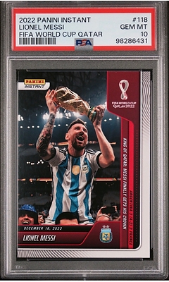 2022 Panini Instant Lionel Messi #118 FIFA World Cup Qatar trading card, graded PSA 10 GEM MINT