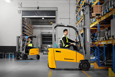 The new Jungheinrich EFG M Series electric counterbalance forklift in operation. The new Jungheinrich EFG M Series electric counterbalance forklift in operation.