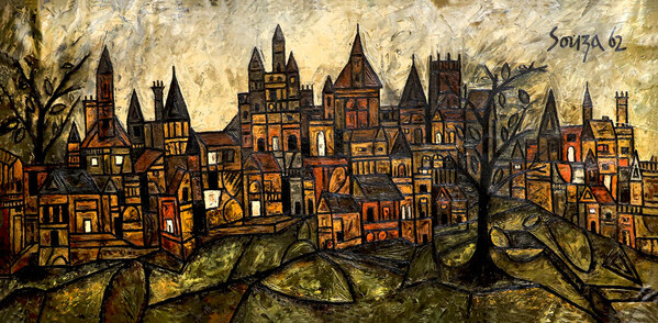 F.N. Souza’s architectural cityscape channels raw, brooding intensity through sharp angles and visceral textures, transforming a medieval-inspired vista into a powerful psychological landscape.
