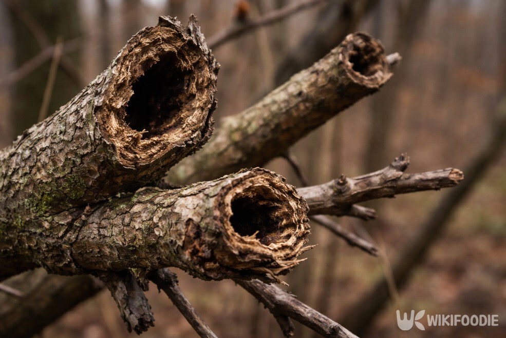 접골목 줄기를 자른 단면에서 속이 비어 있는 조직이 드러난 모습이다. / 위키푸디