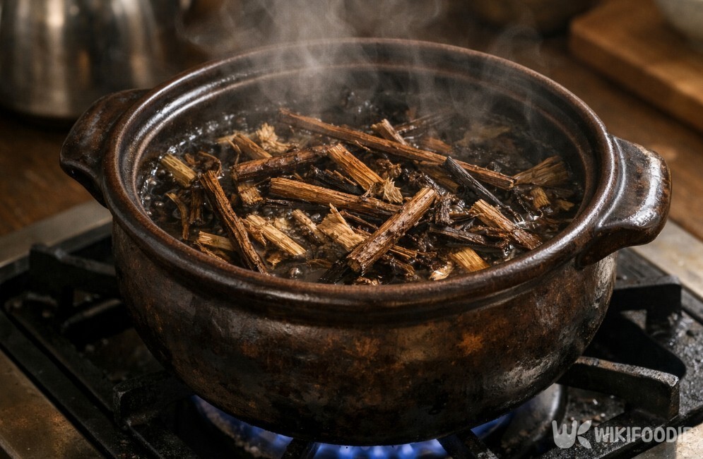 접골목 줄기를 달여 진한 빛의 탕으로 우려내는 과정이다. / 위키푸디