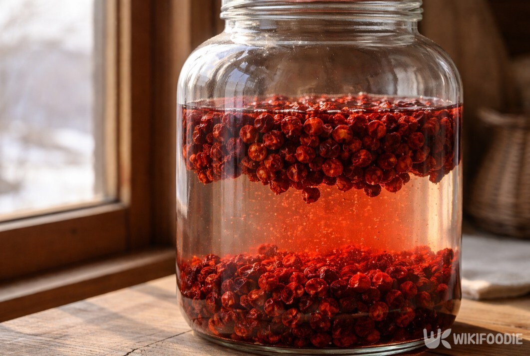 붉은 빛이 우러나는 마가목 열매 담금주다. / 위키푸디